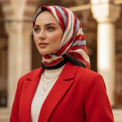 Zincir Desen İthal İpek Saten Eşarp Kırmızı