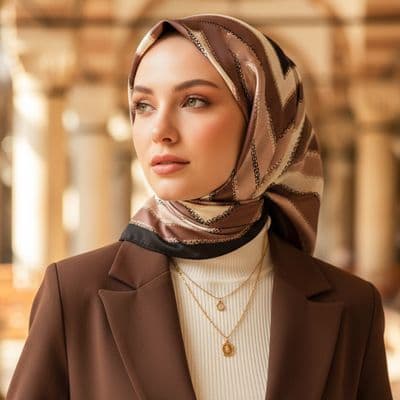 Zincir Desen İthal İpek Saten Eşarp Kahverengi