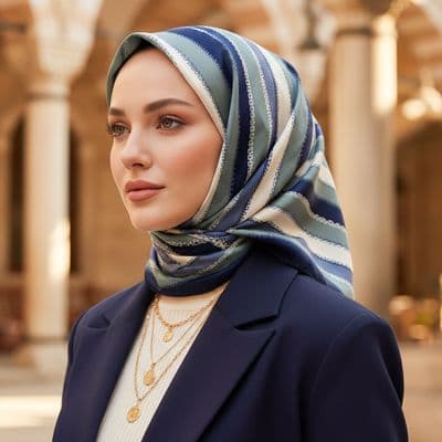 Zincir Desen İthal İpek Saten Eşarp Mavi