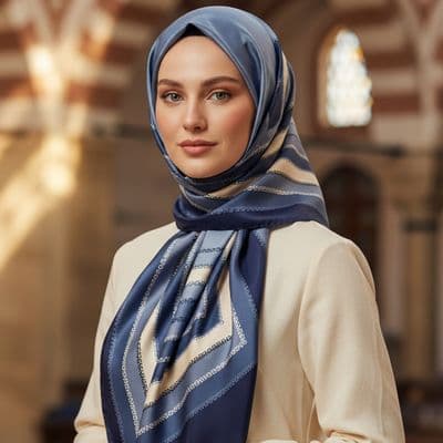 Zincir Desen İthal İpek Saten Eşarp Mavi