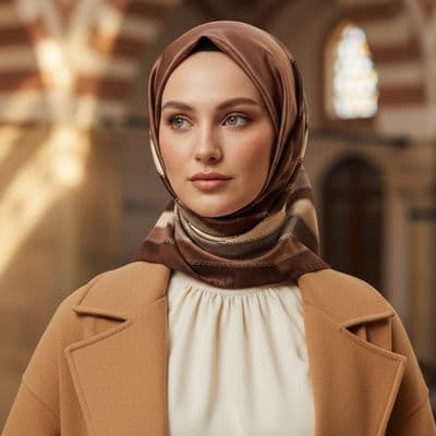 Zincir Desen İthal İpek Saten Eşarp Kahverengi