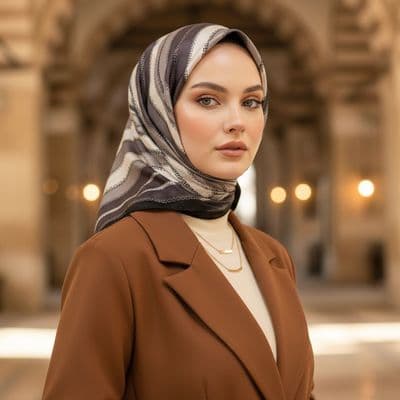 Zincir Desen İthal İpek Saten Eşarp Kahverengi