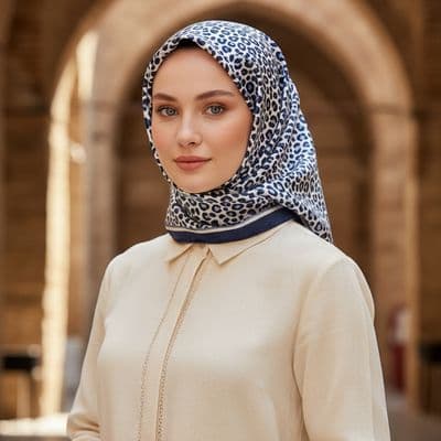 Leopar Desenli İthal İpek Saten Eşarp Lacivert