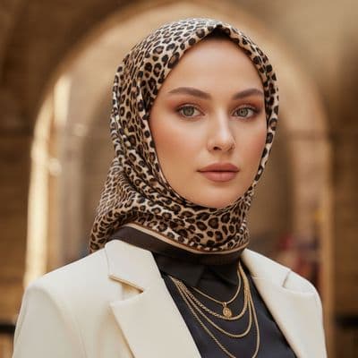 Leopar Desenli İthal İpek Saten Eşarp Kahverengi