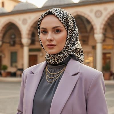 Leopar Desenli İthal İpek Saten Eşarp Gri