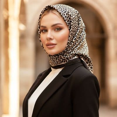 Leopar Desenli İthal İpek Saten Eşarp Siyah