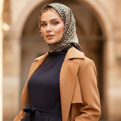 Leopar Desenli İthal İpek Saten Eşarp Lacivert