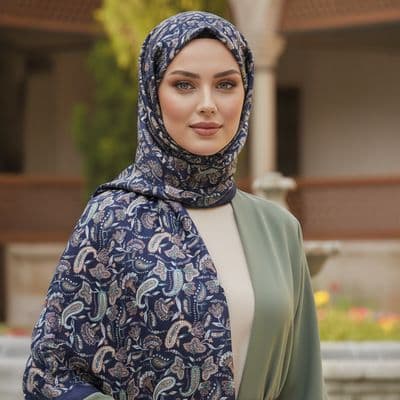 Yaprak Desenli Pamuklu Şal Lacivert