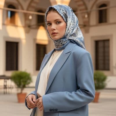 Sulu Boya Desenli Pamuklu Şal Mavi