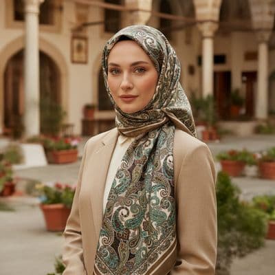 Paisley Desenli Pamuklu Şal Haki Yeşil